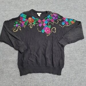 Mister Noah Plus Sweater Womens Size 20W Black Sequin Floral Knit Long Sleeve